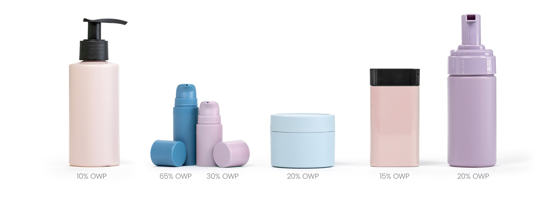 Packaging made with OWP, labeled with the OWP share of each pack