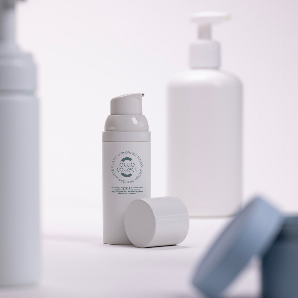 White airless bottle with the OWP Collect logo