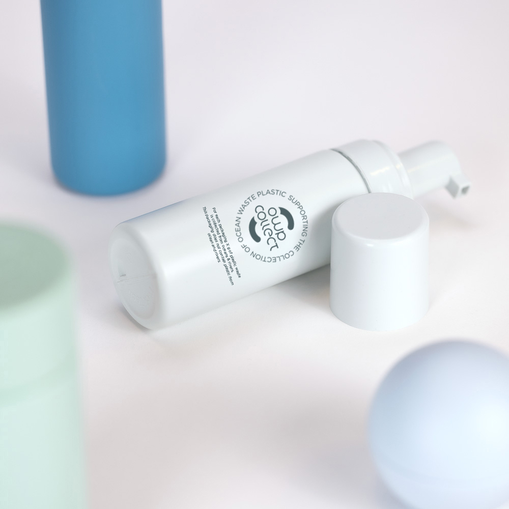 Foam pump bottle with the OWP Collect logo